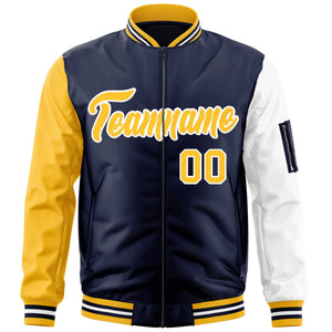 Custom Navy Gold-White Varsity Full-Zip Raglan Sleeves Letterman Bomber Jacket