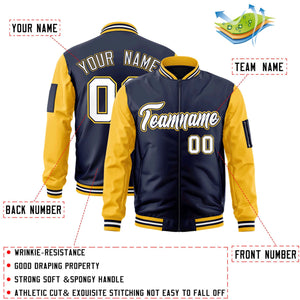 Custom Navy Gold-White-Varsity Full-Zip Raglan Sleeves Letterman Bomber Jacket