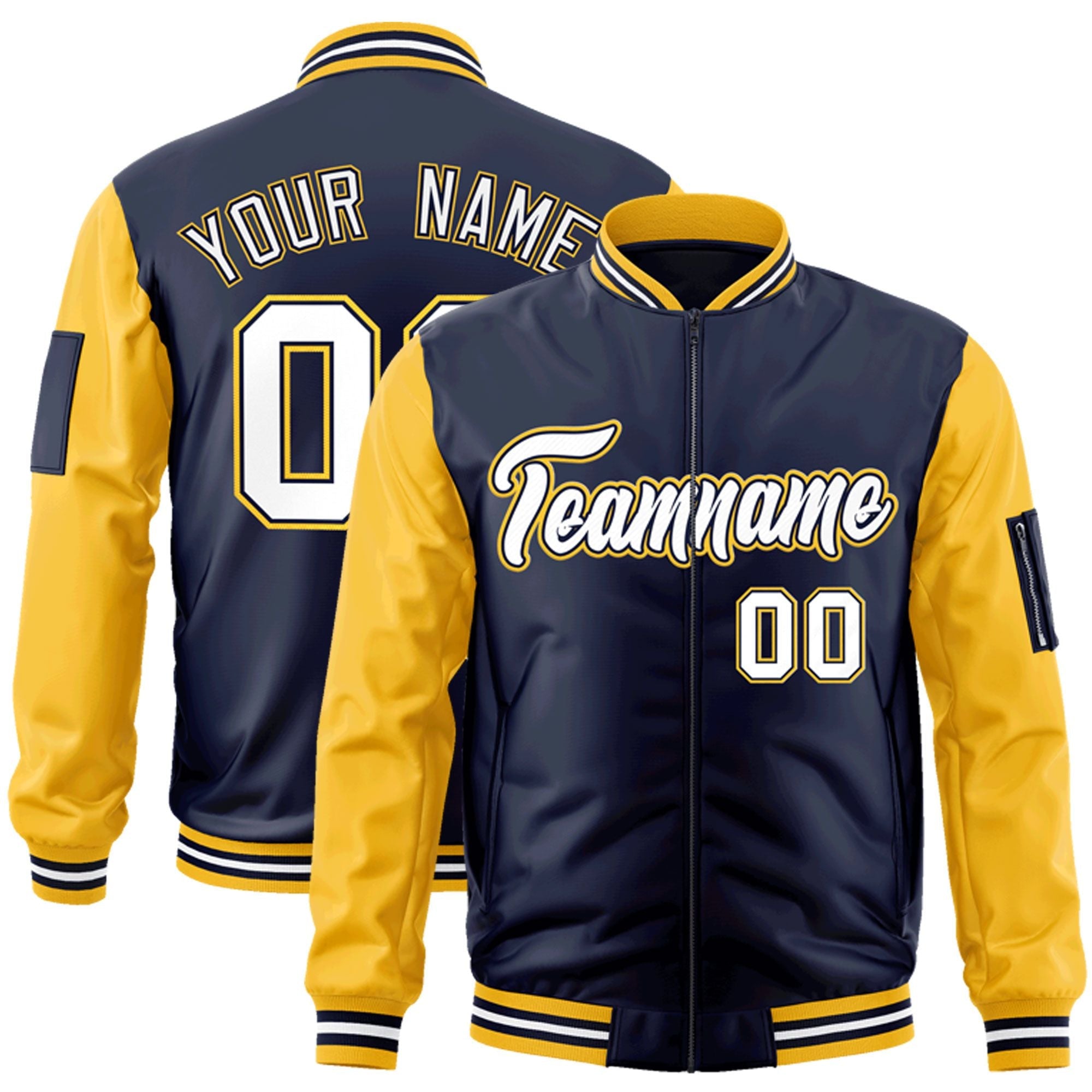 Custom Navy Gold-White-Varsity Full-Zip Raglan Sleeves Letterman Bomber Jacket