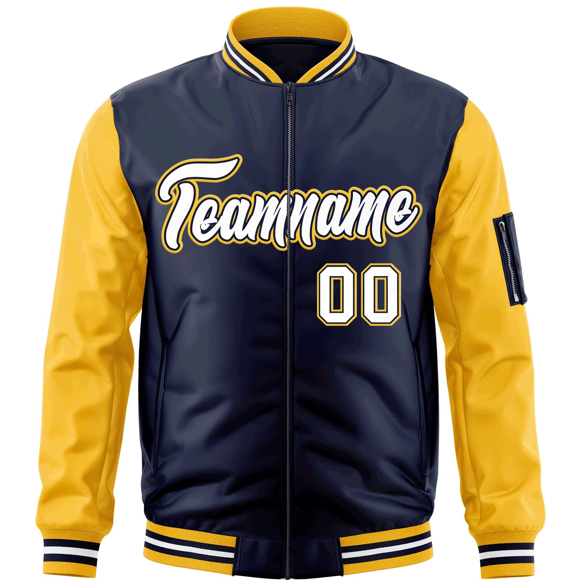 Custom Navy Gold-White-Varsity Full-Zip Raglan Sleeves Letterman Bomber Jacket