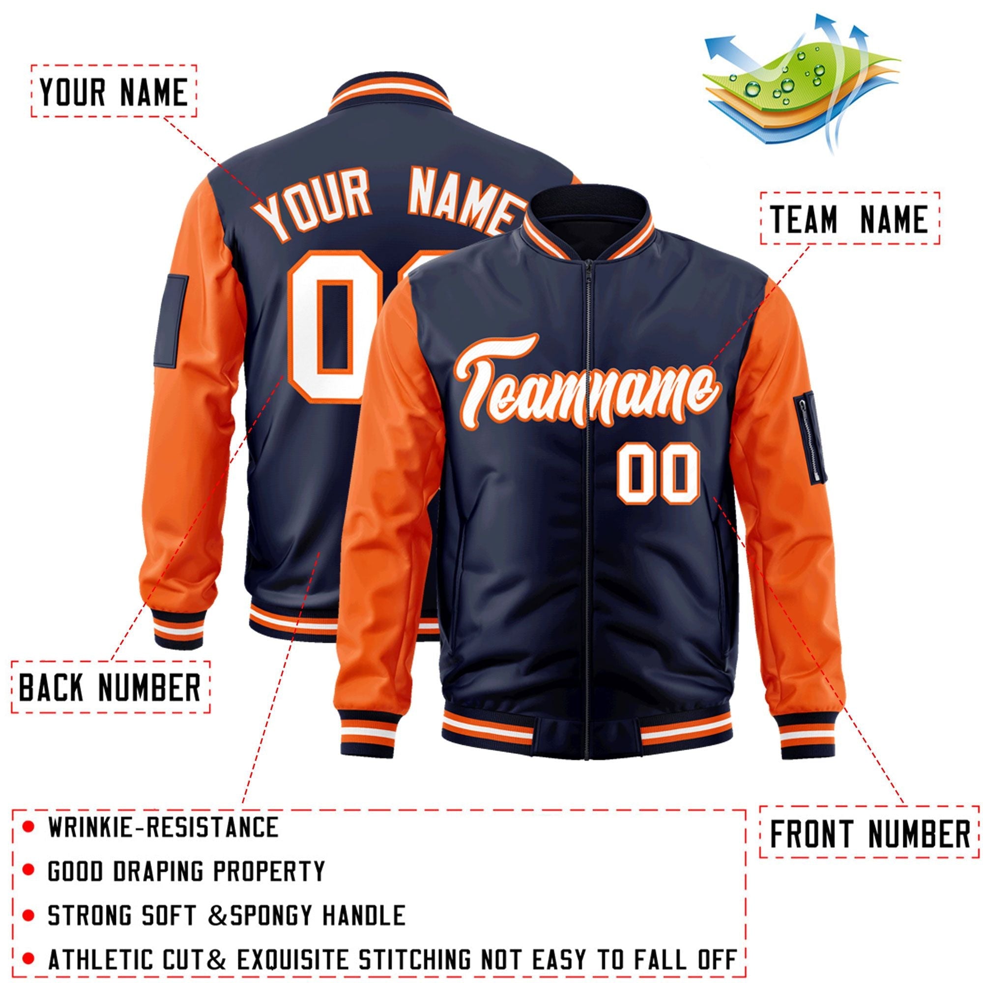 Custom Navy Orange-White Varsity Full-Zip Raglan Sleeves Letterman Bomber Jacket