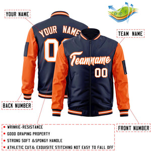 Custom Navy Orange-White Varsity Full-Zip Raglan Sleeves Letterman Bomber Jacket