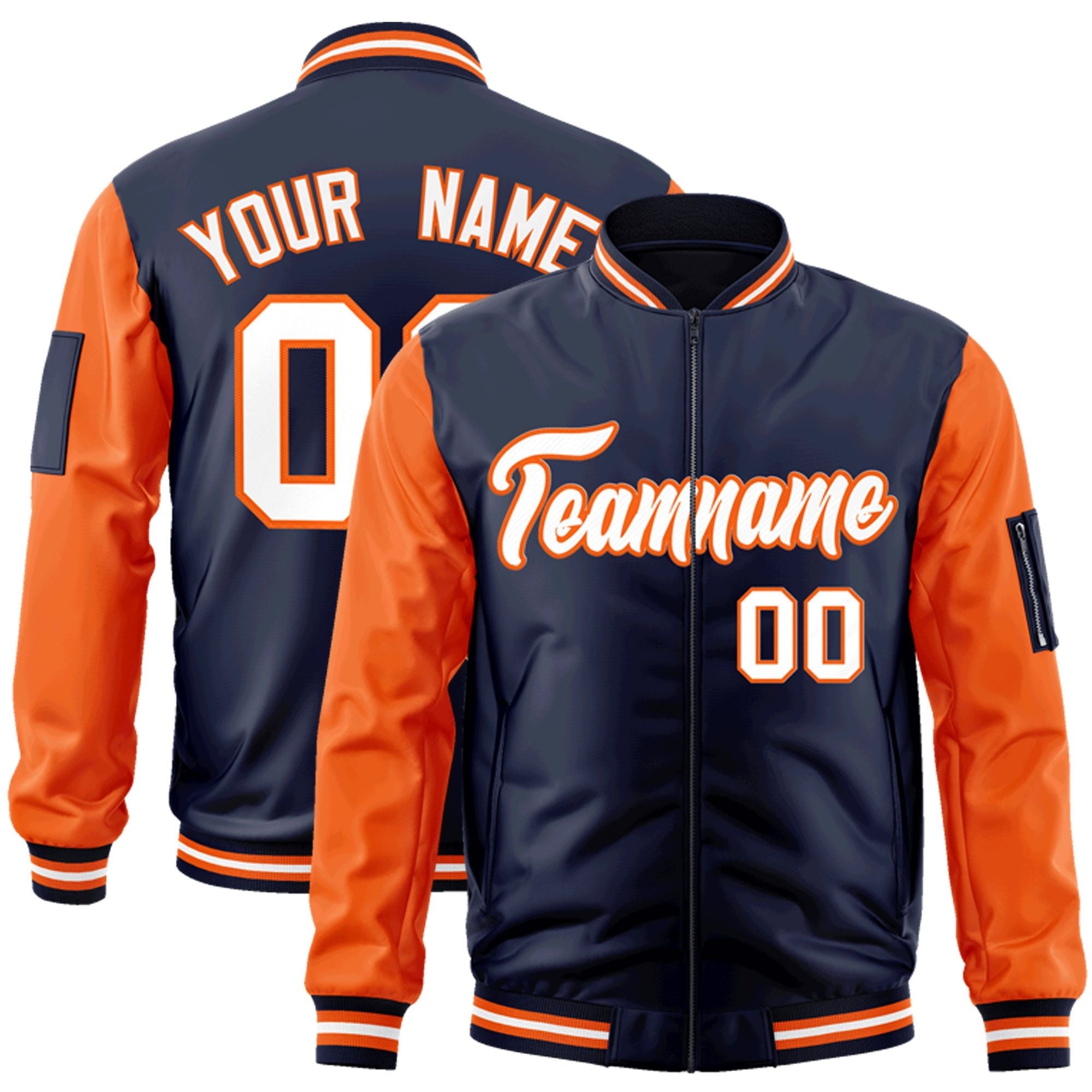 Custom Navy Orange-White Varsity Full-Zip Raglan Sleeves Letterman Bomber Jacket