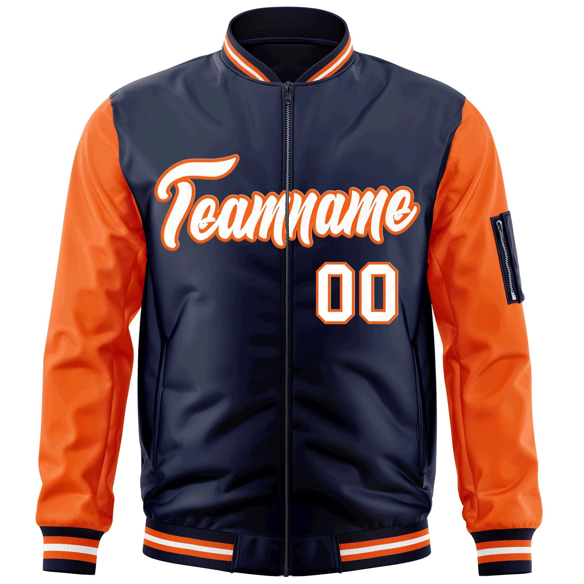 Custom Navy Orange-White Varsity Full-Zip Raglan Sleeves Letterman Bomber Jacket