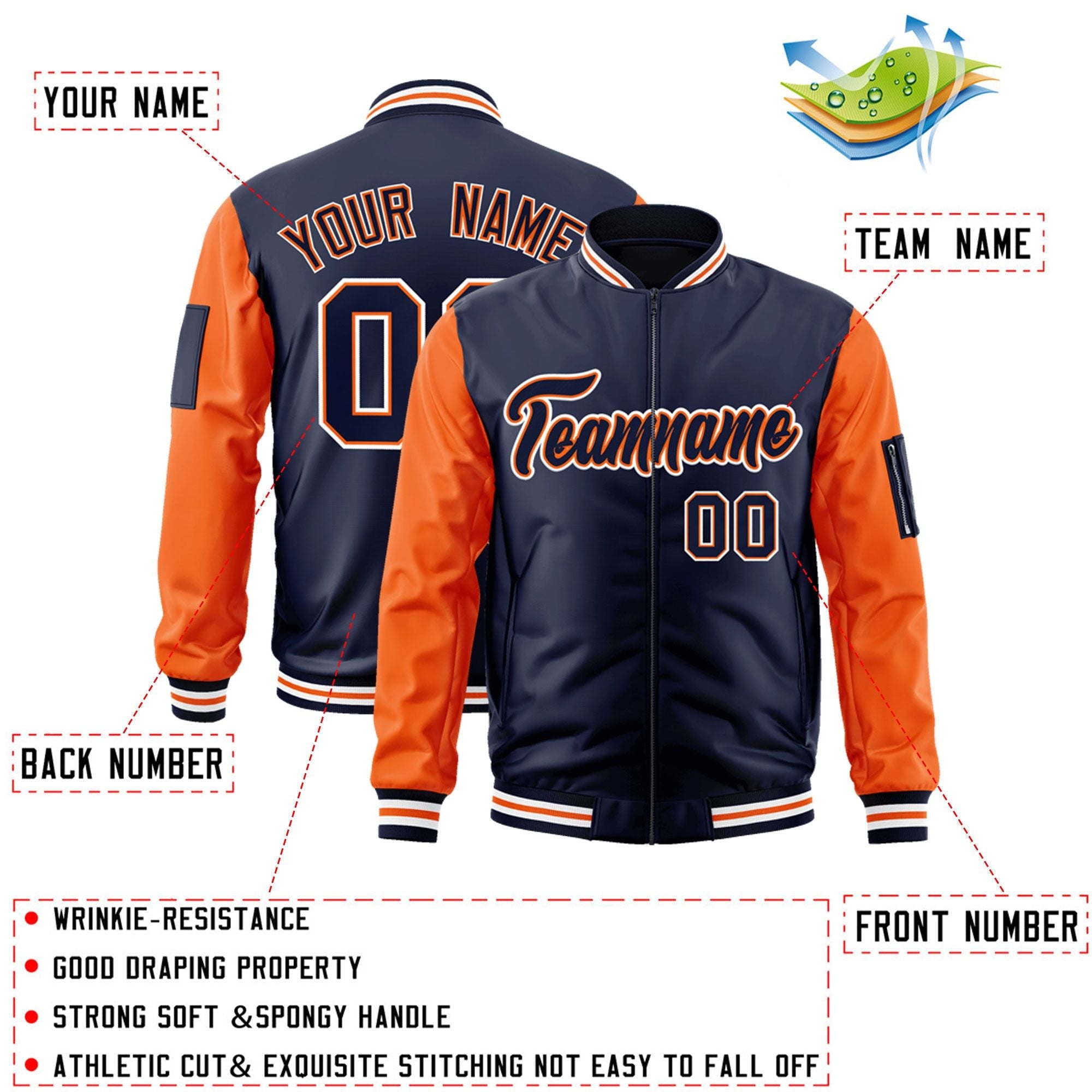 Custom Navy Orange-White Varsity Full-Zip Raglan Sleeves Letterman Bomber Jacket