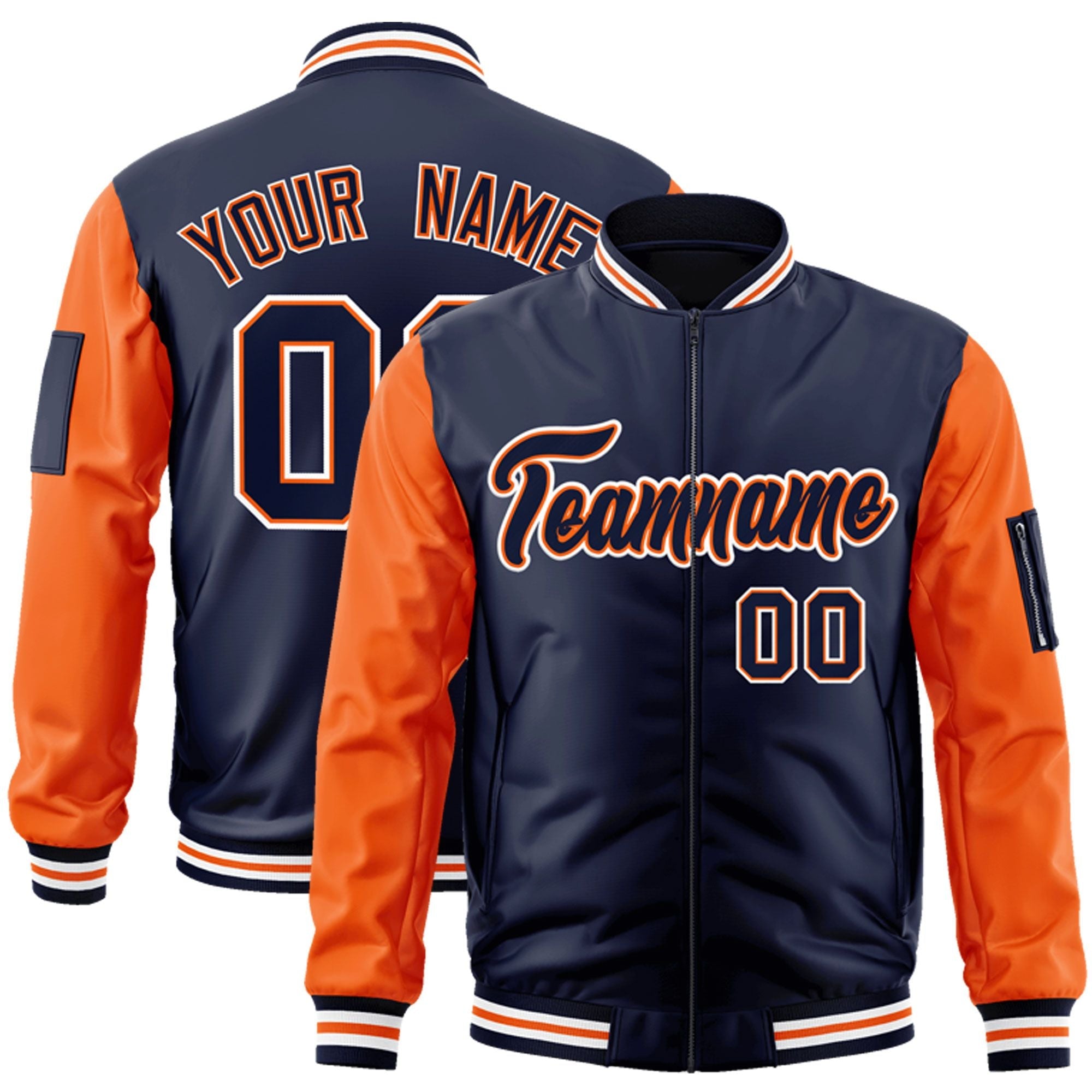 Custom Navy Orange-White Varsity Full-Zip Raglan Sleeves Letterman Bomber Jacket