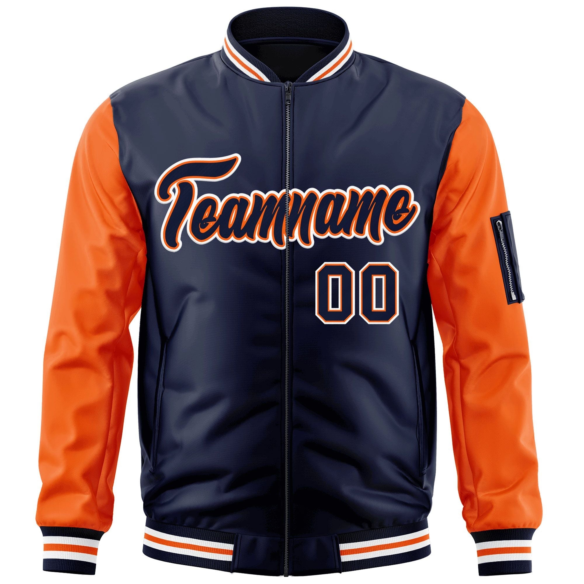 Custom Navy Orange-White Varsity Full-Zip Raglan Sleeves Letterman Bomber Jacket