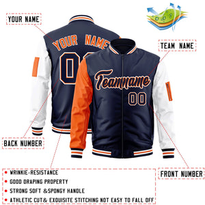 Custom Navy Orange-White Varsity Full-Zip Raglan Sleeves Letterman Bomber Jacket