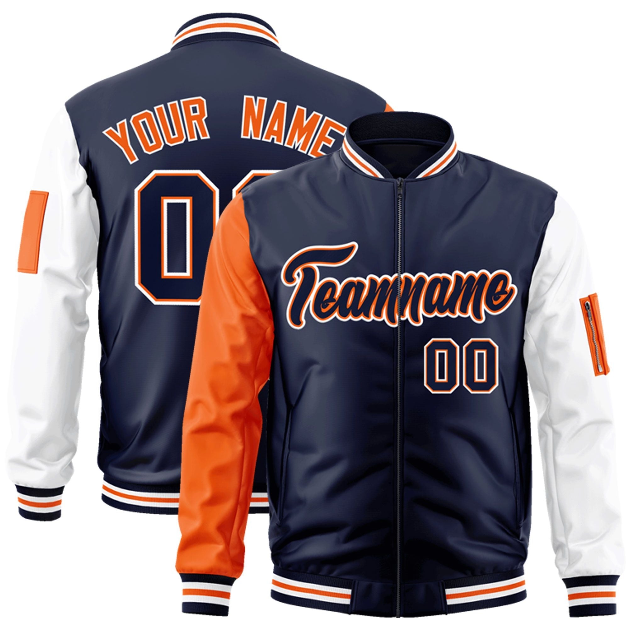 Custom Navy Orange-White Varsity Full-Zip Raglan Sleeves Letterman Bomber Jacket