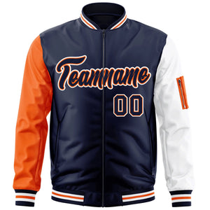 Custom Navy Orange-White Varsity Full-Zip Raglan Sleeves Letterman Bomber Jacket