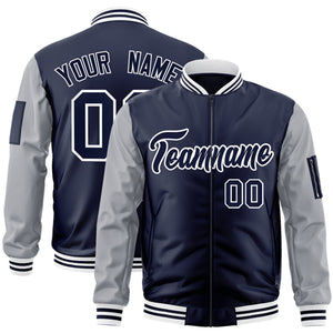 Custom Navy Gray-White Varsity Full-Zip Raglan Sleeves Letterman Bomber Jacket