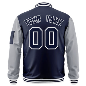 Custom Navy Gray-White Varsity Full-Zip Raglan Sleeves Letterman Bomber Jacket