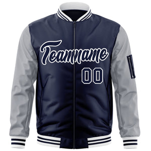 Custom Navy Gray-White Varsity Full-Zip Raglan Sleeves Letterman Bomber Jacket