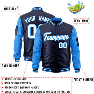 Custom Navy Powder Blue-White Varsity Full-Zip Raglan Sleeves Letterman Bomber Jacket