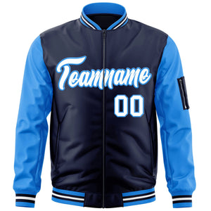 Custom Navy Powder Blue-White Varsity Full-Zip Raglan Sleeves Letterman Bomber Jacket