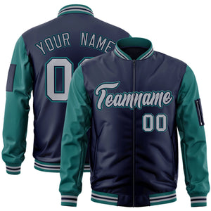 Custom Navy Gray-Aqua Varsity Full-Zip Raglan Sleeves Letterman Bomber Jacket