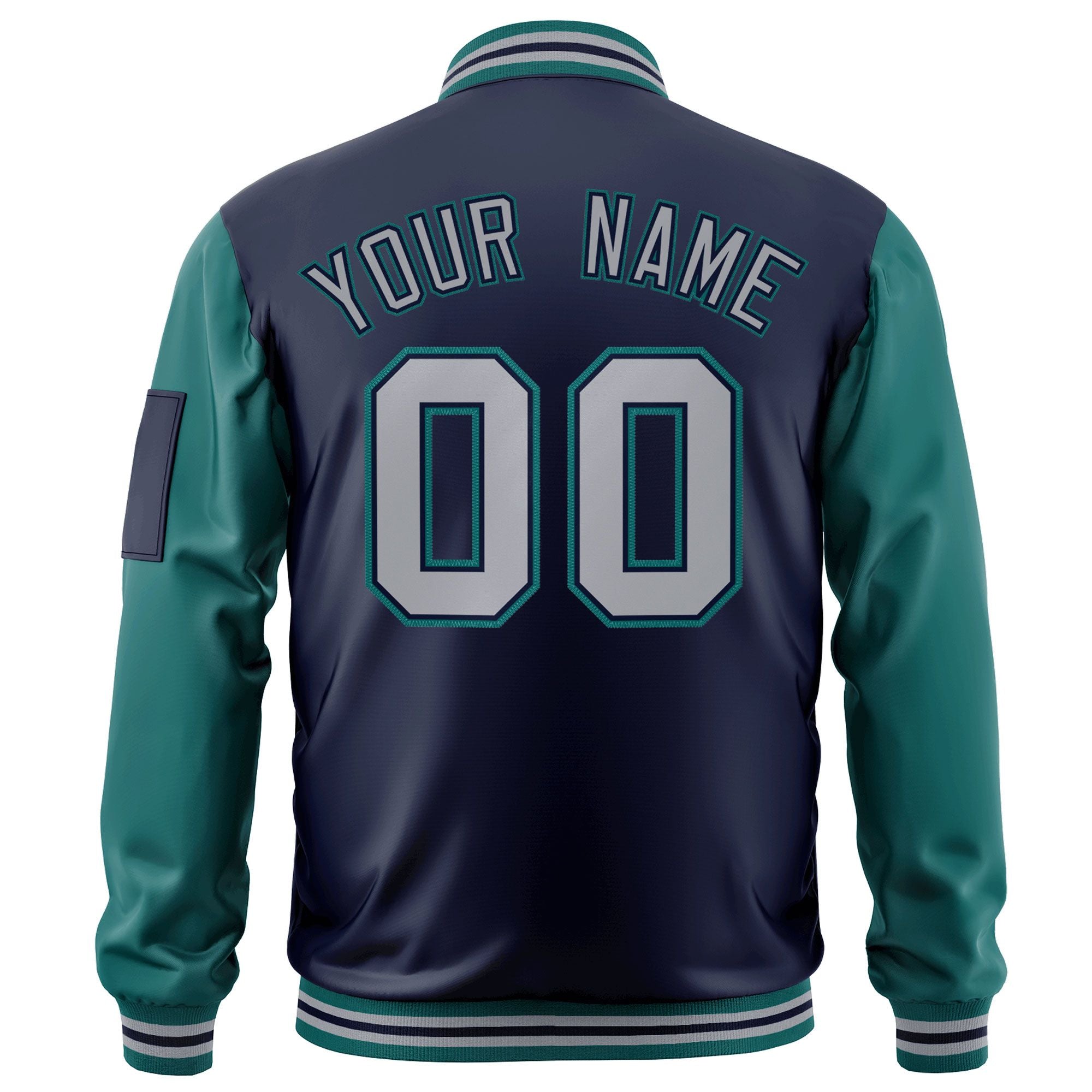 Custom Navy Gray-Aqua Varsity Full-Zip Raglan Sleeves Letterman Bomber Jacket