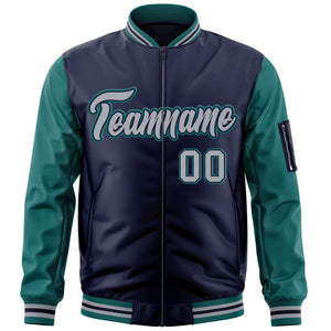 Custom Navy Gray-Aqua Varsity Full-Zip Raglan Sleeves Letterman Bomber Jacket