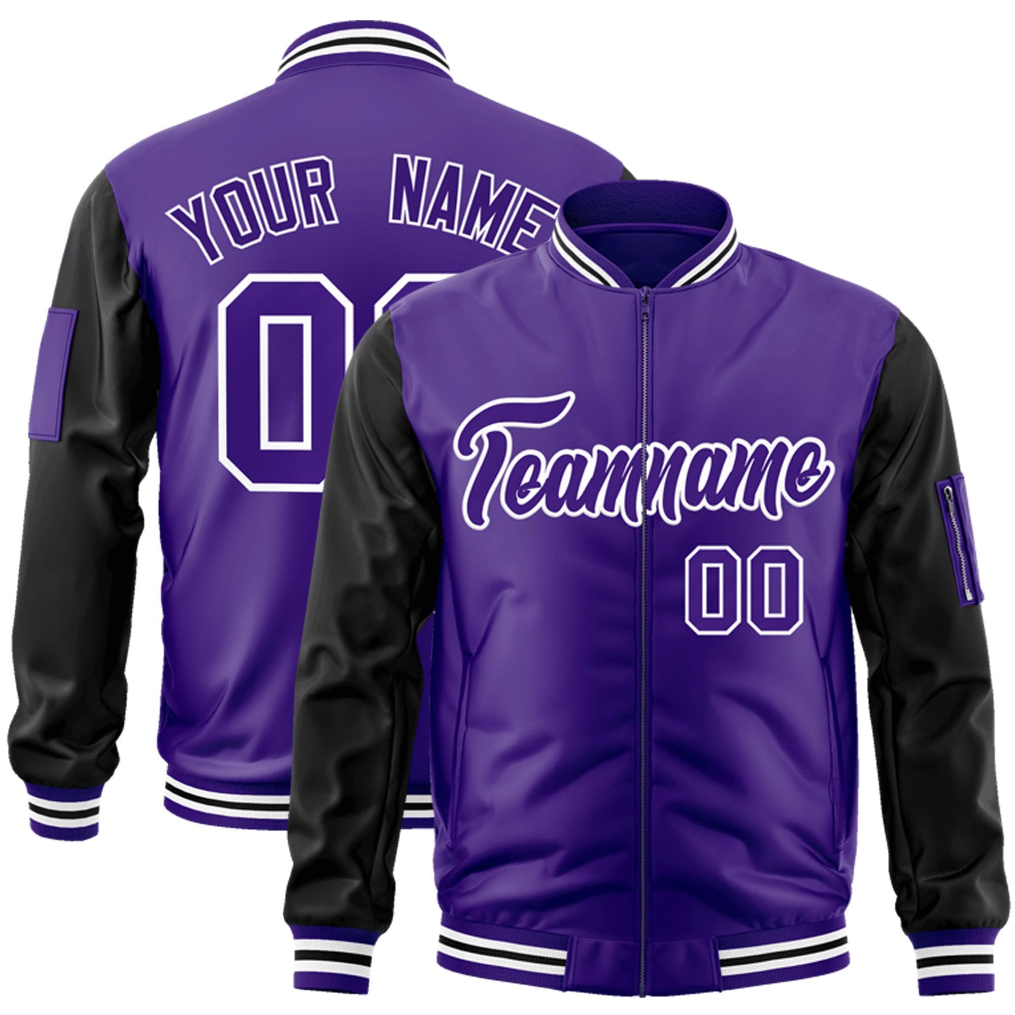 Custom Purple Black-White Varsity Full-Zip Raglan Sleeves Letterman Bomber Jacket