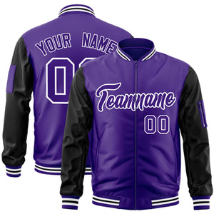 Custom Purple Black-White Varsity Full-Zip Raglan Sleeves Letterman Bomber Jacket