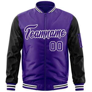 Custom Purple Black-White Varsity Full-Zip Raglan Sleeves Letterman Bomber Jacket