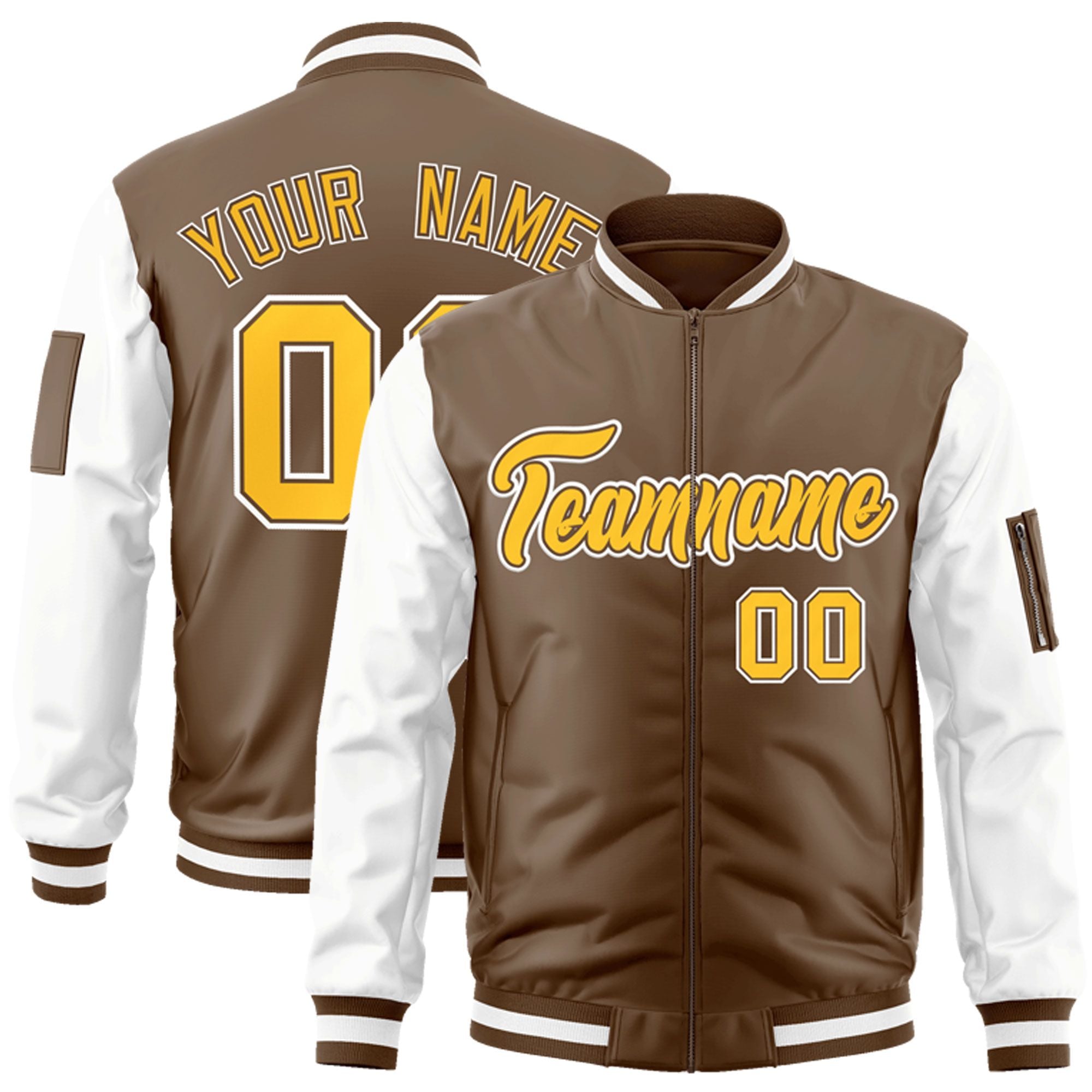 Custom Brown White-Gold Varsity Full-Zip Raglan Sleeves Letterman Bomber Jacket