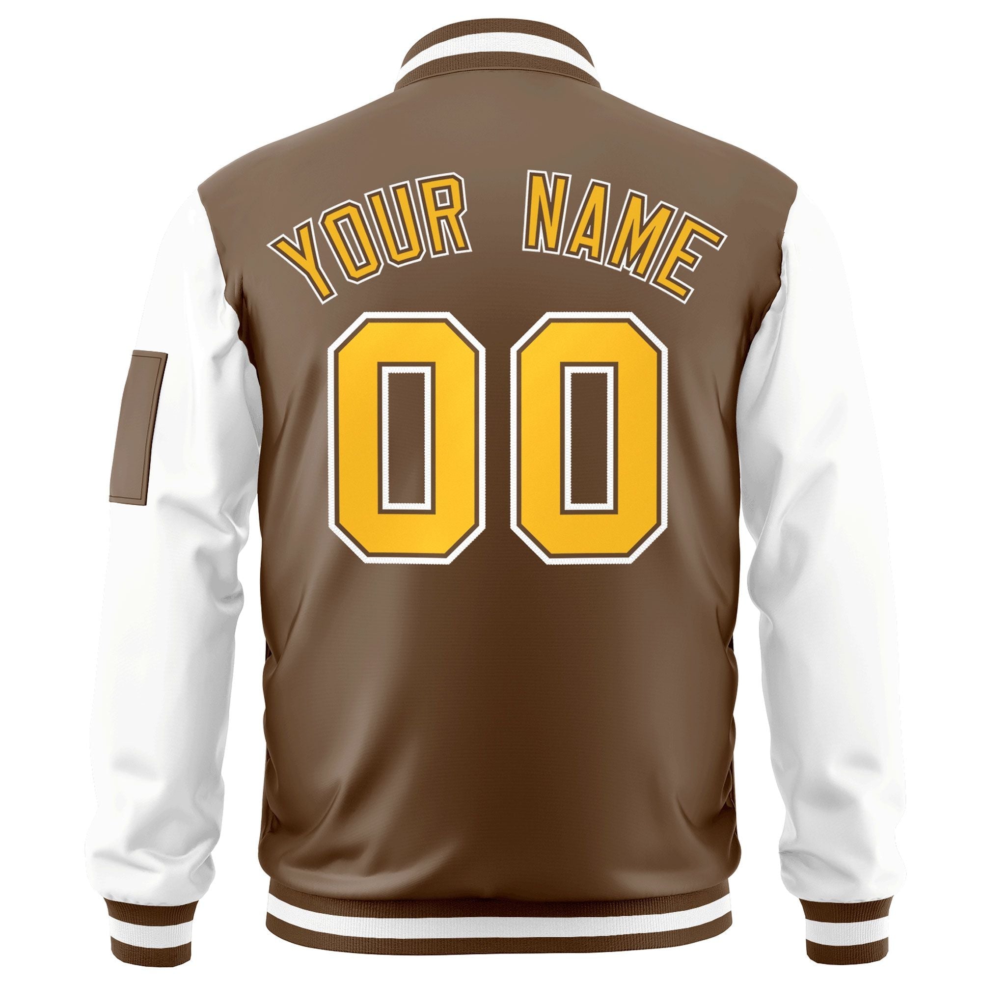 Custom Brown White-Gold Varsity Full-Zip Raglan Sleeves Letterman Bomber Jacket