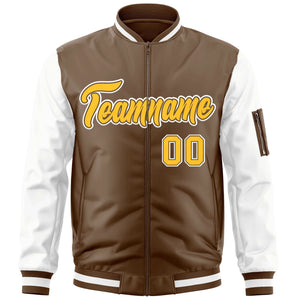 Custom Brown White-Gold Varsity Full-Zip Raglan Sleeves Letterman Bomber Jacket