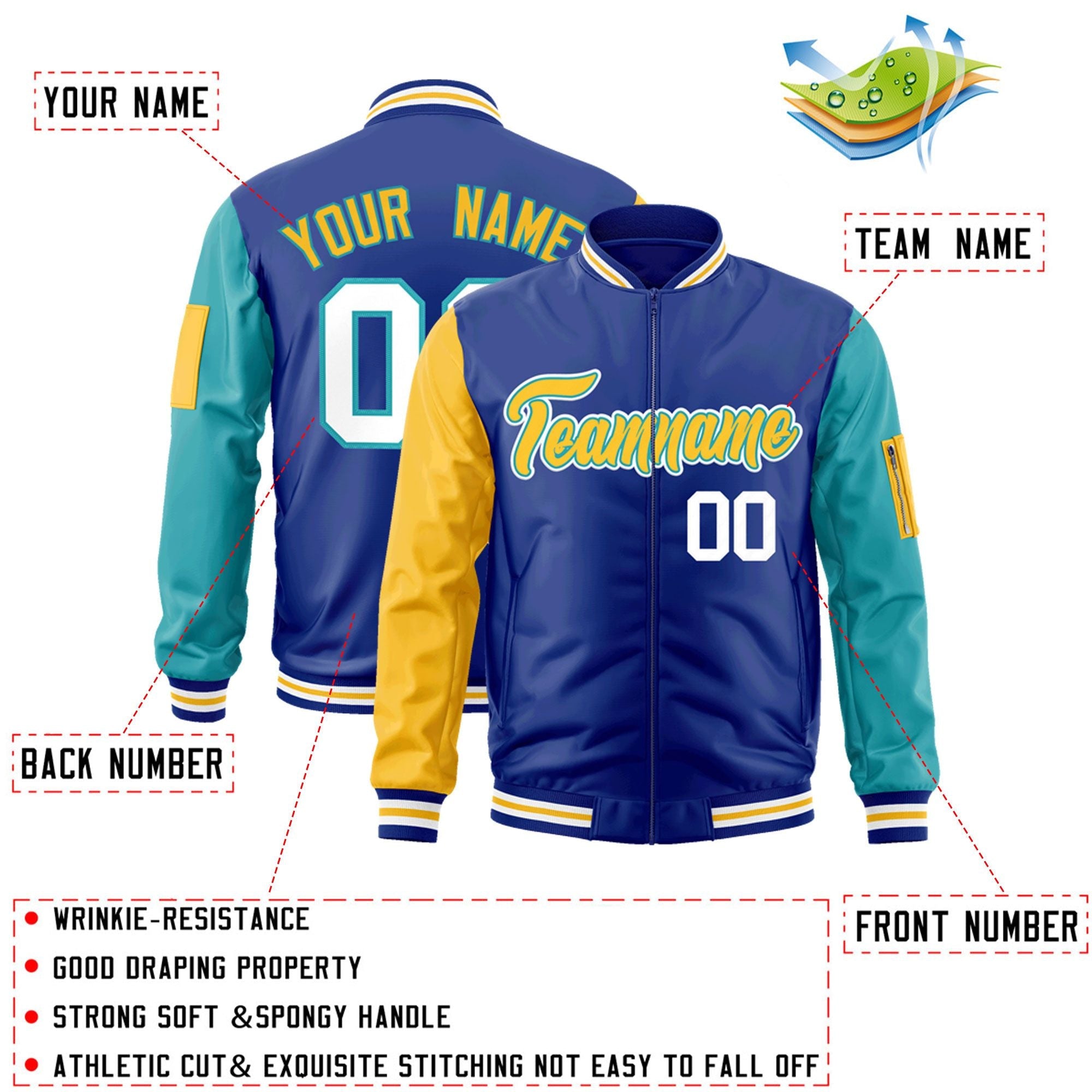 Custom Royal Gold-Aqua Varsity Full-Zip Raglan Sleeves Letterman Bomber Jacket