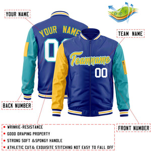 Custom Royal Gold-Aqua Varsity Full-Zip Raglan Sleeves Letterman Bomber Jacket