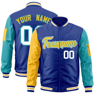 Custom Royal Gold-Aqua Varsity Full-Zip Raglan Sleeves Letterman Bomber Jacket