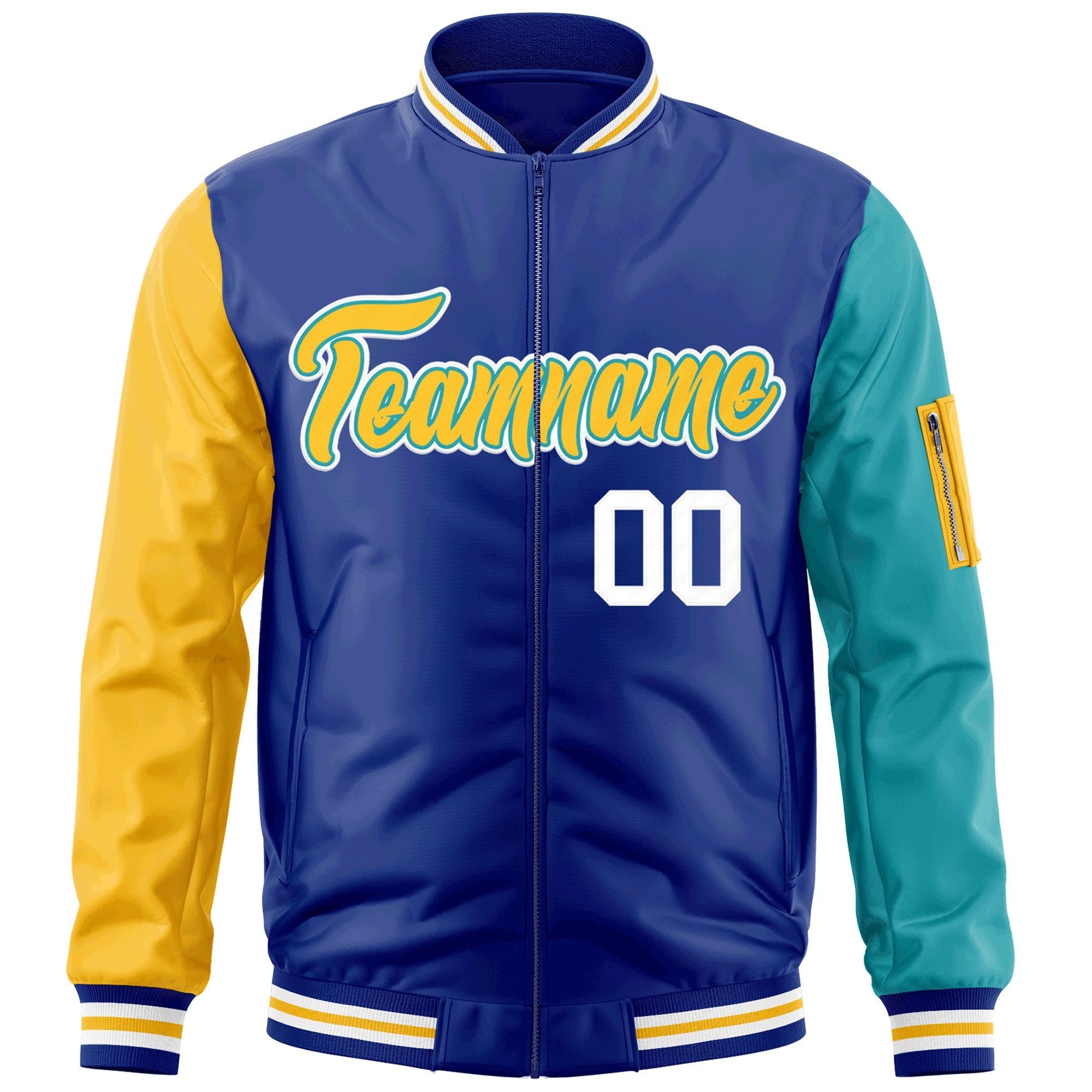 Custom Royal Gold-Aqua Varsity Full-Zip Raglan Sleeves Letterman Bomber Jacket