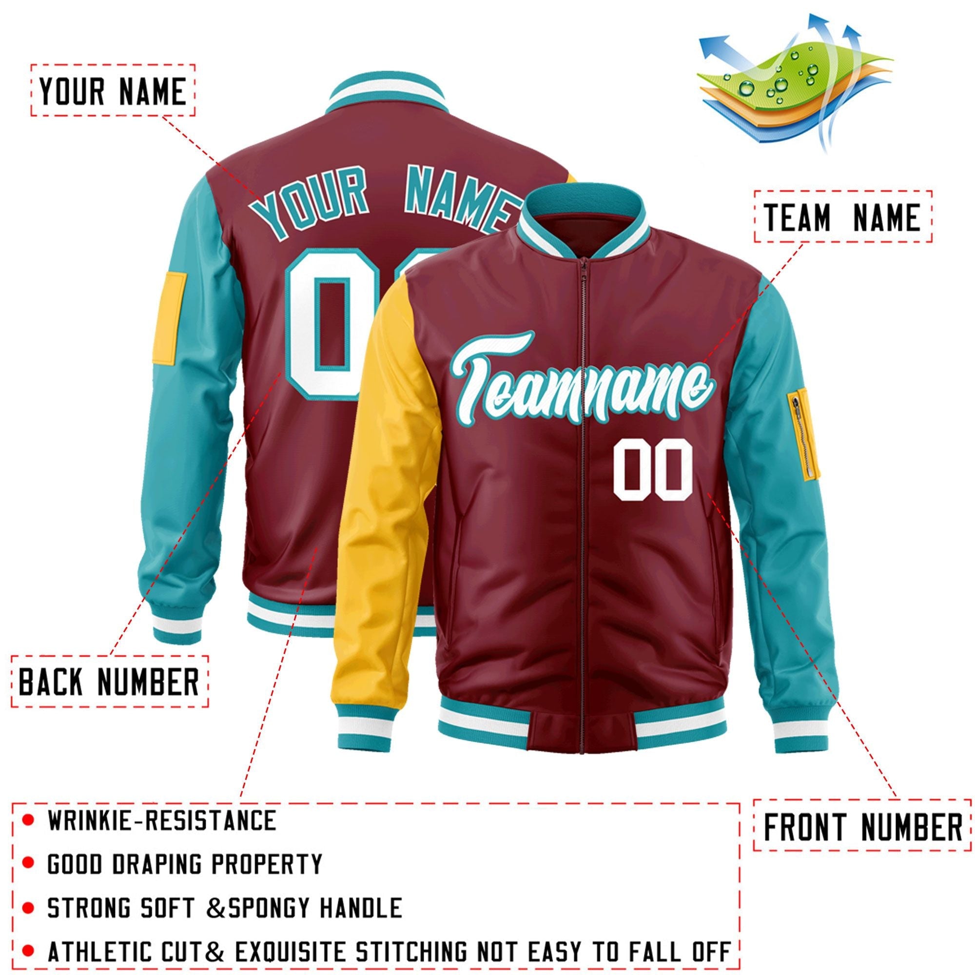 Custom Crimson Gold-Aqua Varsity Full-Zip Raglan Sleeves Letterman Bomber Jacket