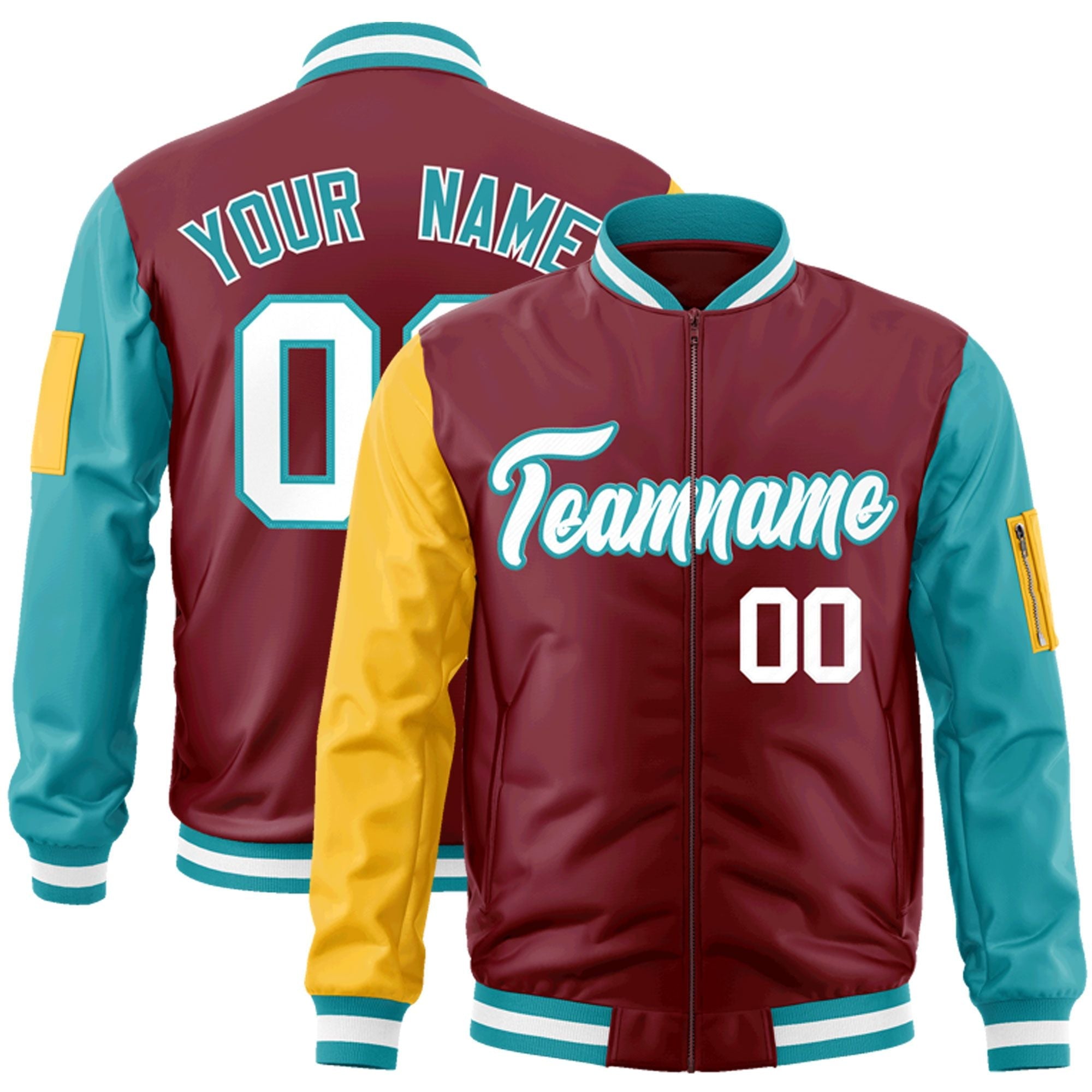 Custom Crimson Gold-Aqua Varsity Full-Zip Raglan Sleeves Letterman Bomber Jacket