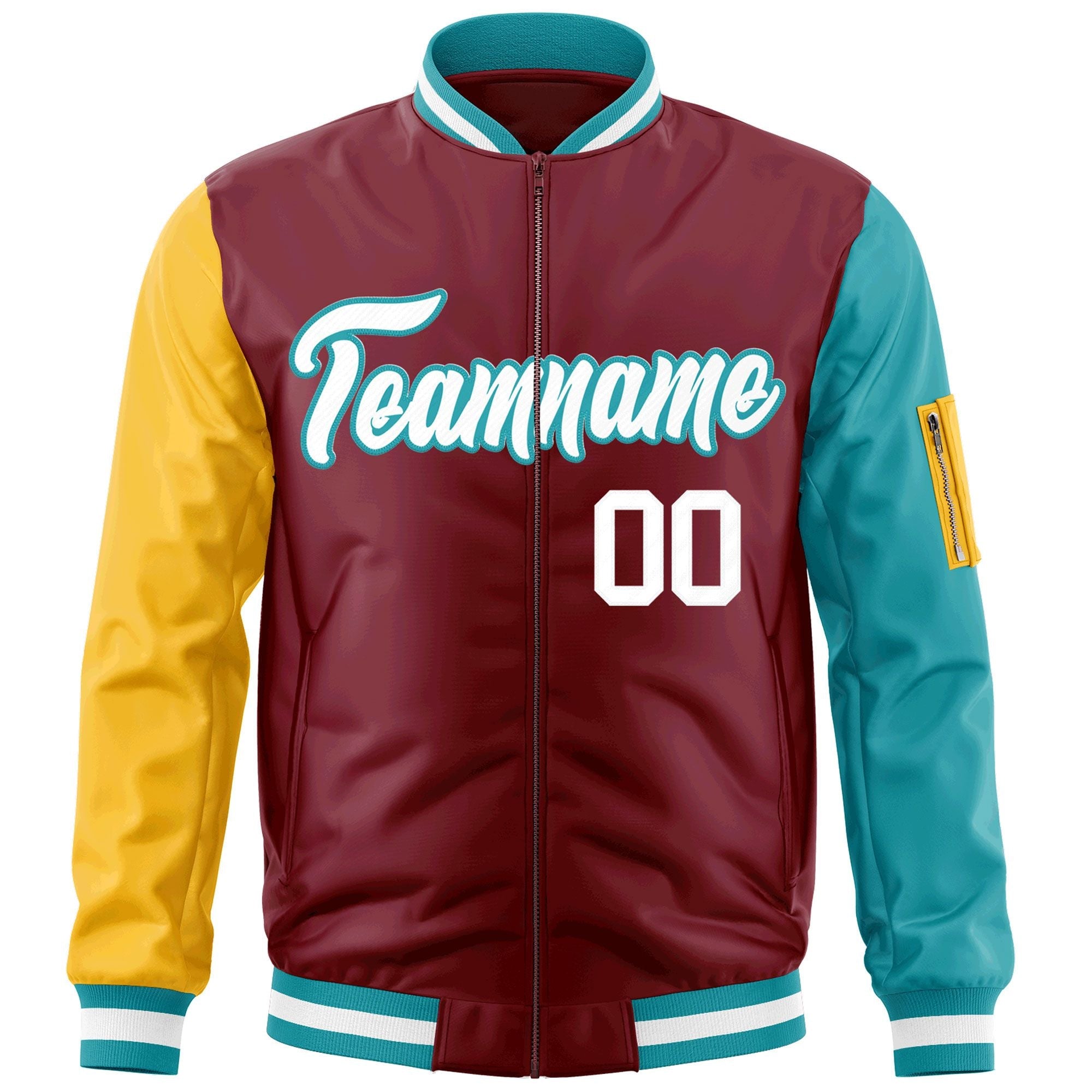 Custom Crimson Gold-Aqua Varsity Full-Zip Raglan Sleeves Letterman Bomber Jacket