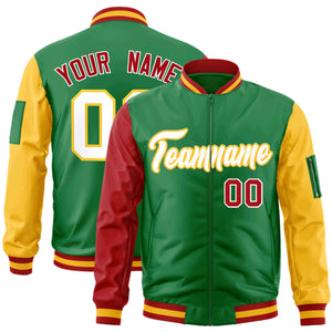 Custom Kelly Green Red-Gold Varsity Full-Zip Raglan Sleeves Letterman Bomber Jacket