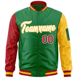 Custom Kelly Green Red-Gold Varsity Full-Zip Raglan Sleeves Letterman Bomber Jacket