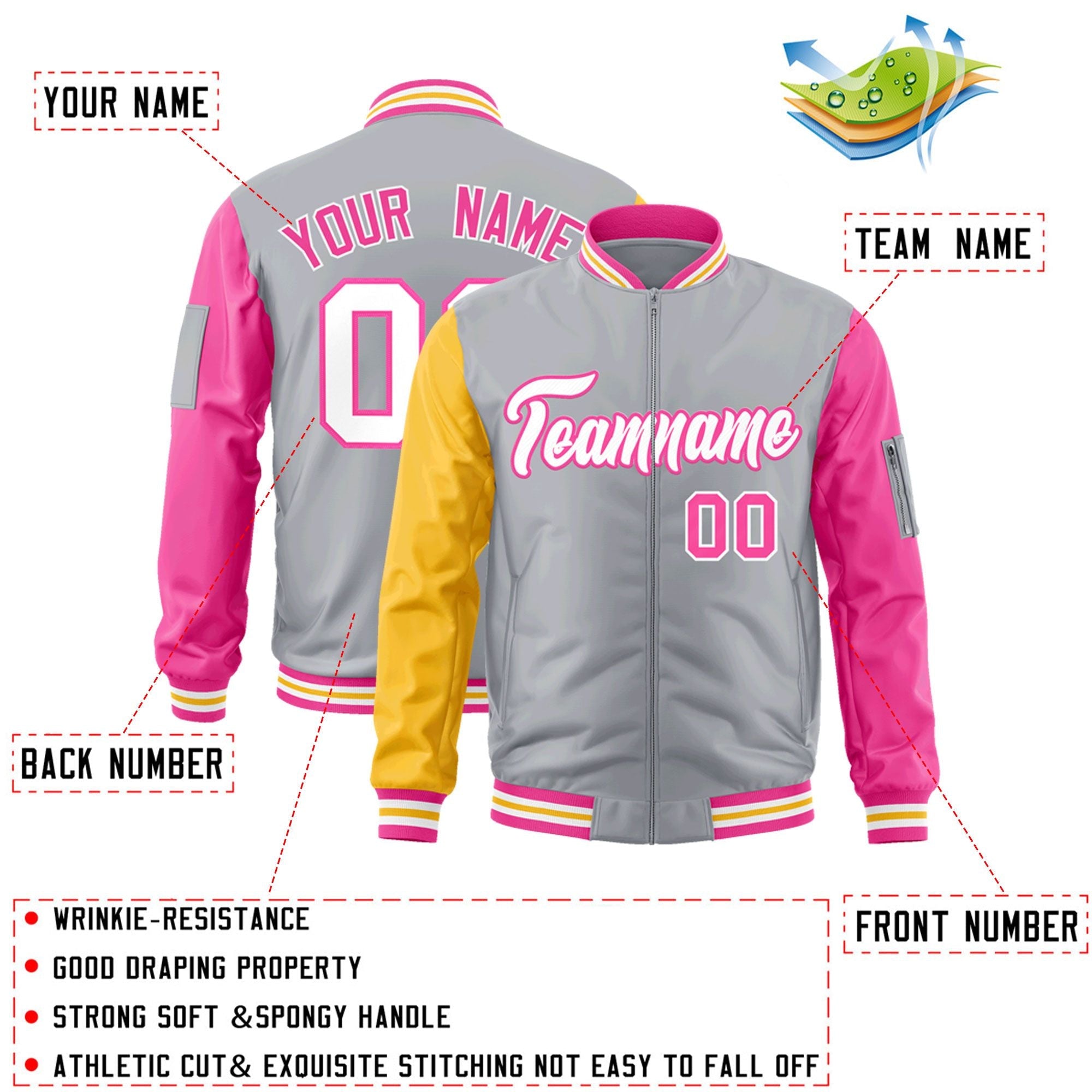 Custom Gray Gold-Pink Varsity Full-Zip Raglan Sleeves Letterman Bomber Jacket