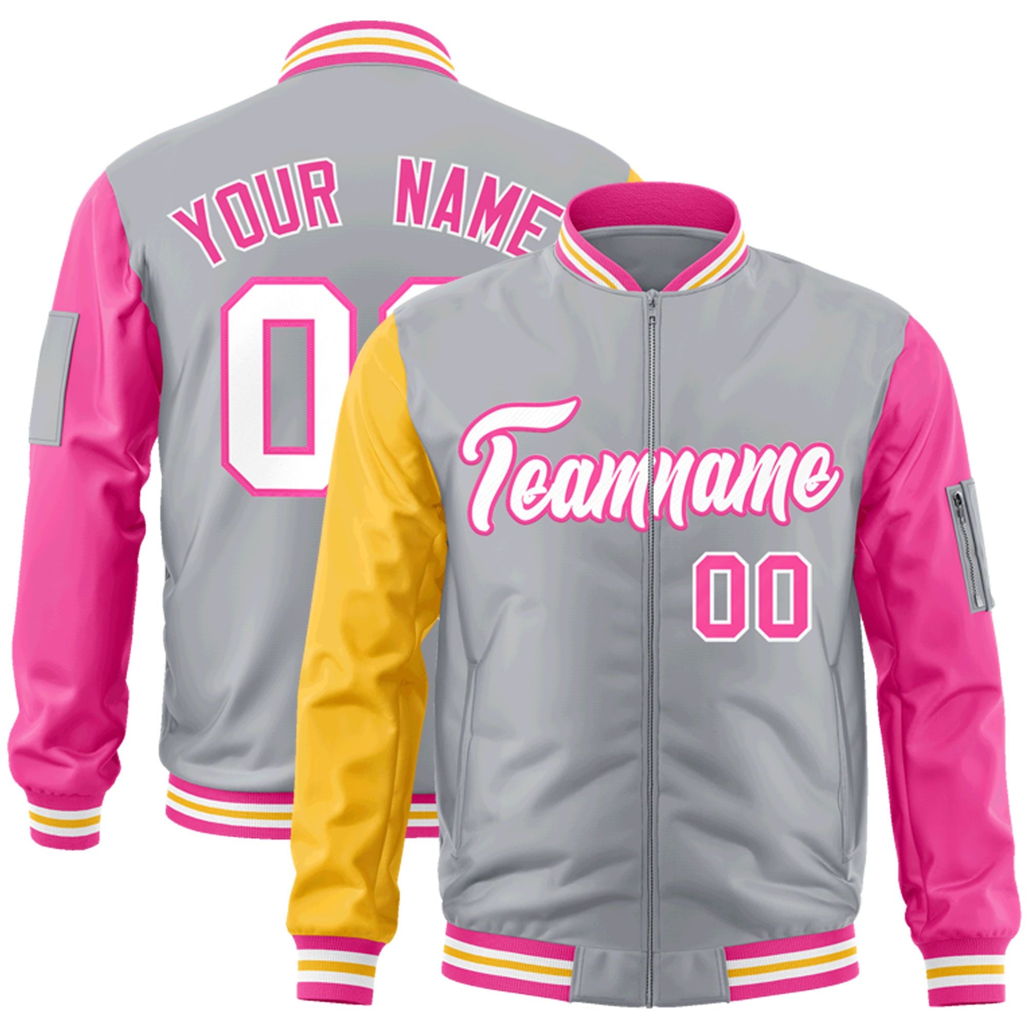 Custom Gray Gold-Pink Varsity Full-Zip Raglan Sleeves Letterman Bomber Jacket