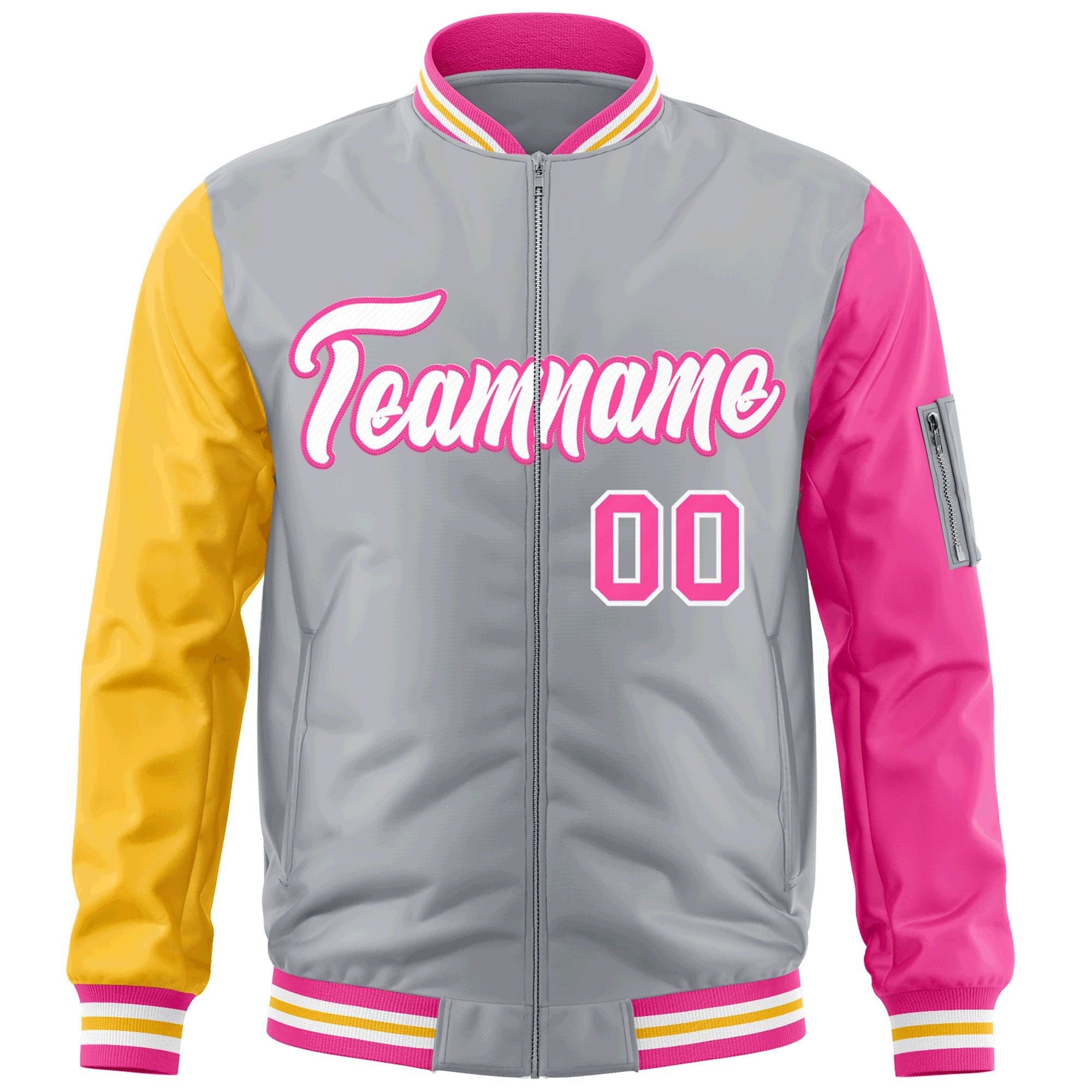 Custom Gray Gold-Pink Varsity Full-Zip Raglan Sleeves Letterman Bomber Jacket