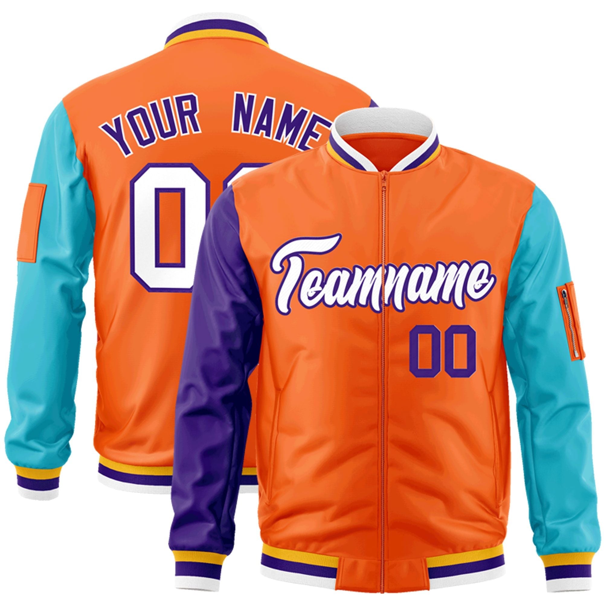 Custom Orange Purple-Aqua Varsity Full-Zip Raglan Sleeves Letterman Bomber Jacket