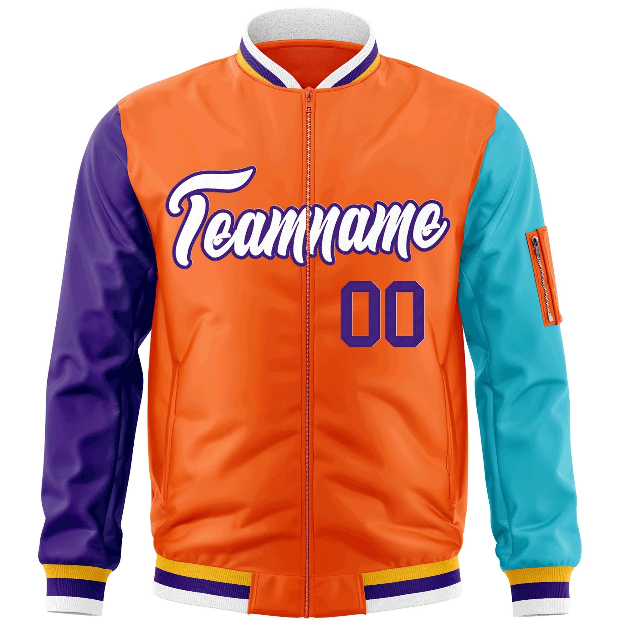 Custom Orange Purple-Aqua Varsity Full-Zip Raglan Sleeves Letterman Bomber Jacket