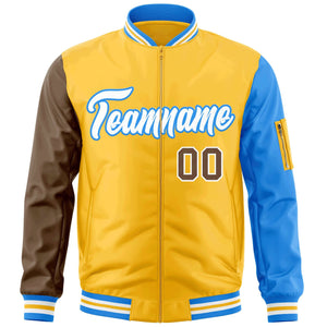 Custom Gold Brown-Powder Blue Varsity Full-Zip Raglan Sleeves Letterman Bomber Jacket