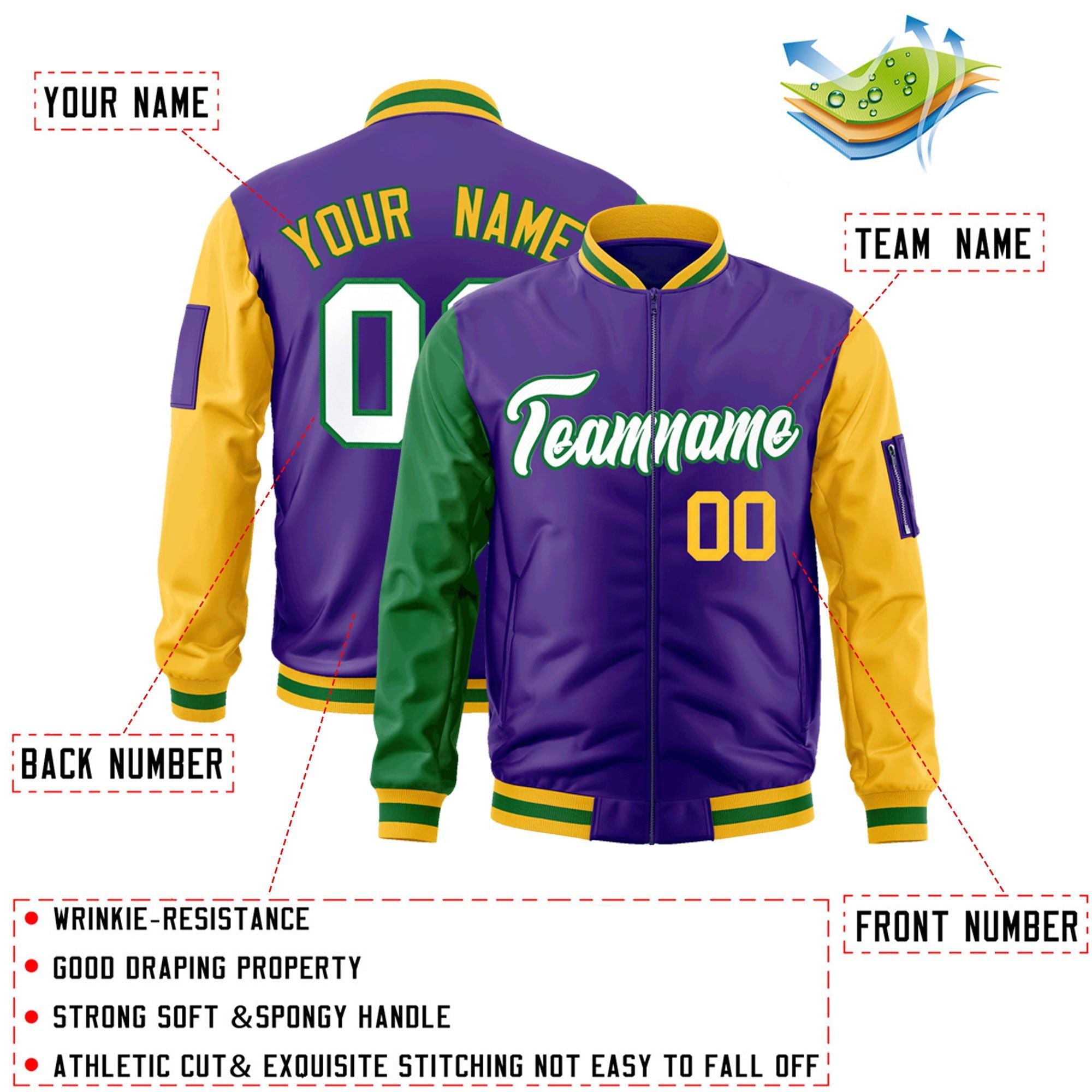 Custom Purple Kelly Green-Gold Varsity Full-Zip Raglan Sleeves Letterman Bomber Jacket