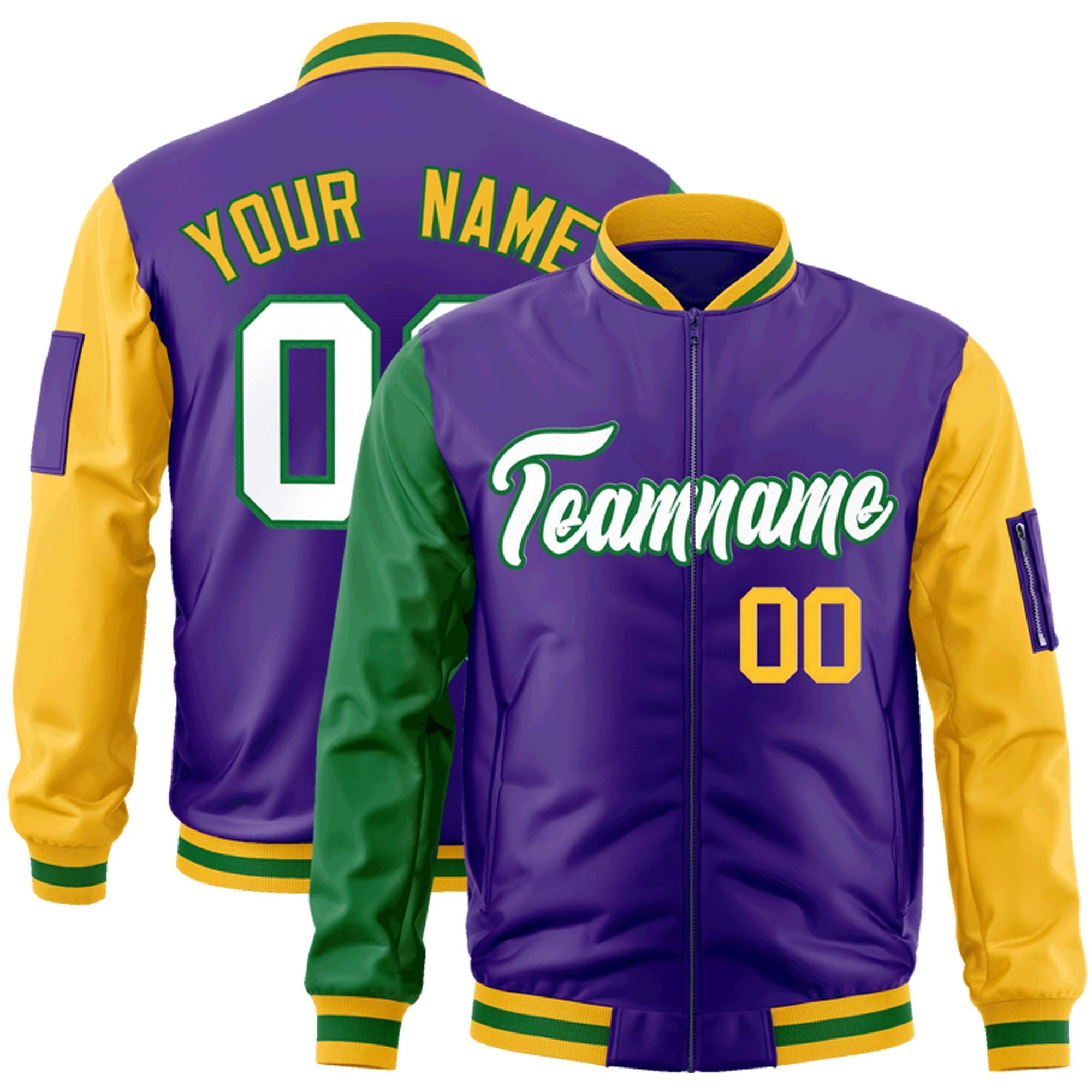 Custom Purple Kelly Green-Gold Varsity Full-Zip Raglan Sleeves Letterman Bomber Jacket