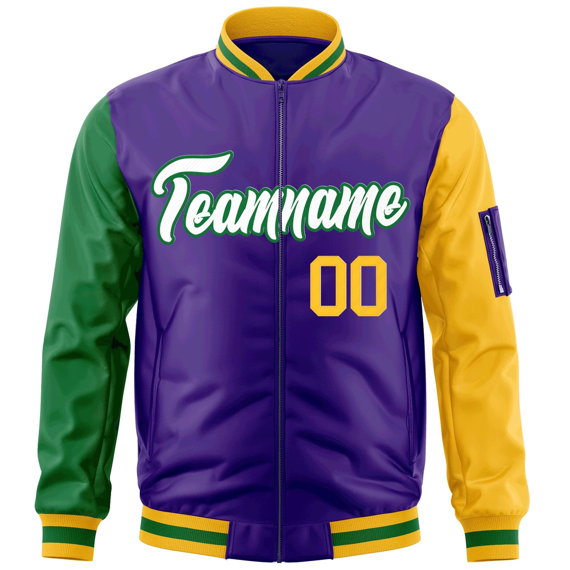 Custom Purple Kelly Green-Gold Varsity Full-Zip Raglan Sleeves Letterman Bomber Jacket