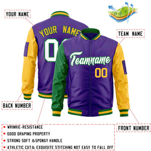 Custom Purple Kelly Green-Gold Varsity Full-Zip Raglan Sleeves Letterman Bomber Jacket