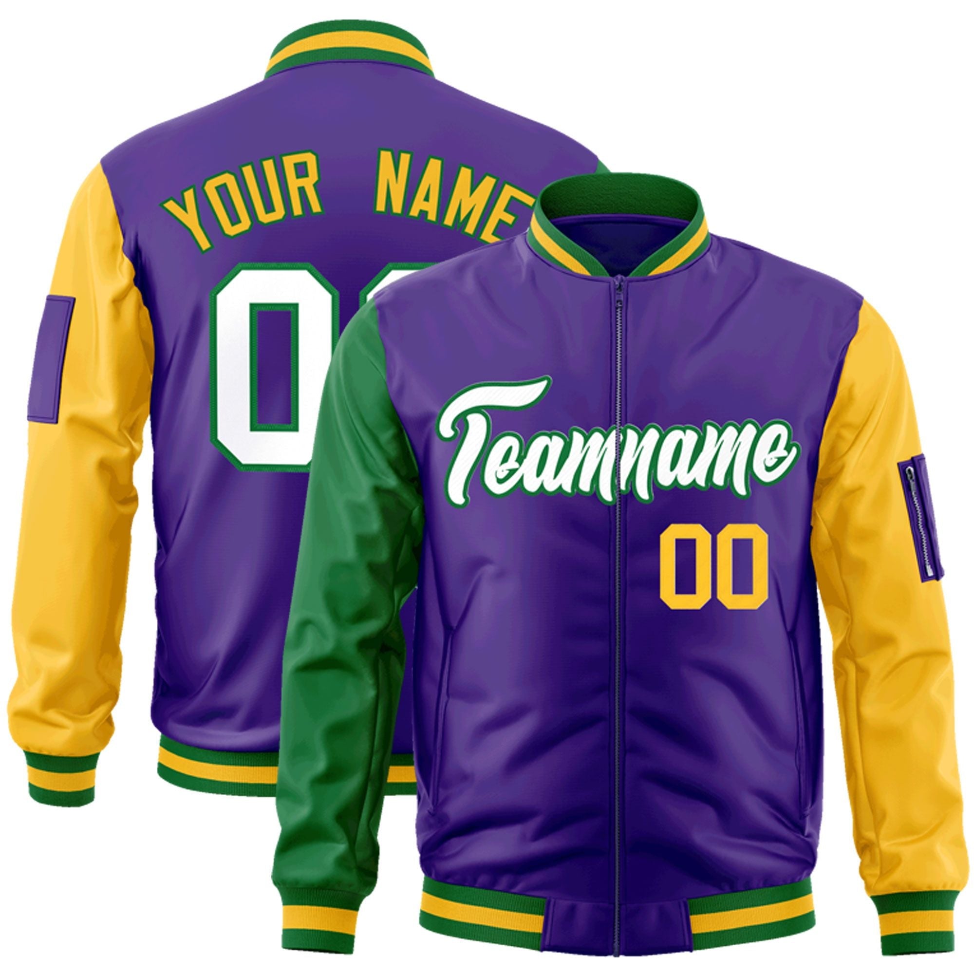 Custom Purple Kelly Green-Gold Varsity Full-Zip Raglan Sleeves Letterman Bomber Jacket