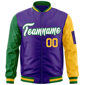 Custom Purple Kelly Green-Gold Varsity Full-Zip Raglan Sleeves Letterman Bomber Jacket