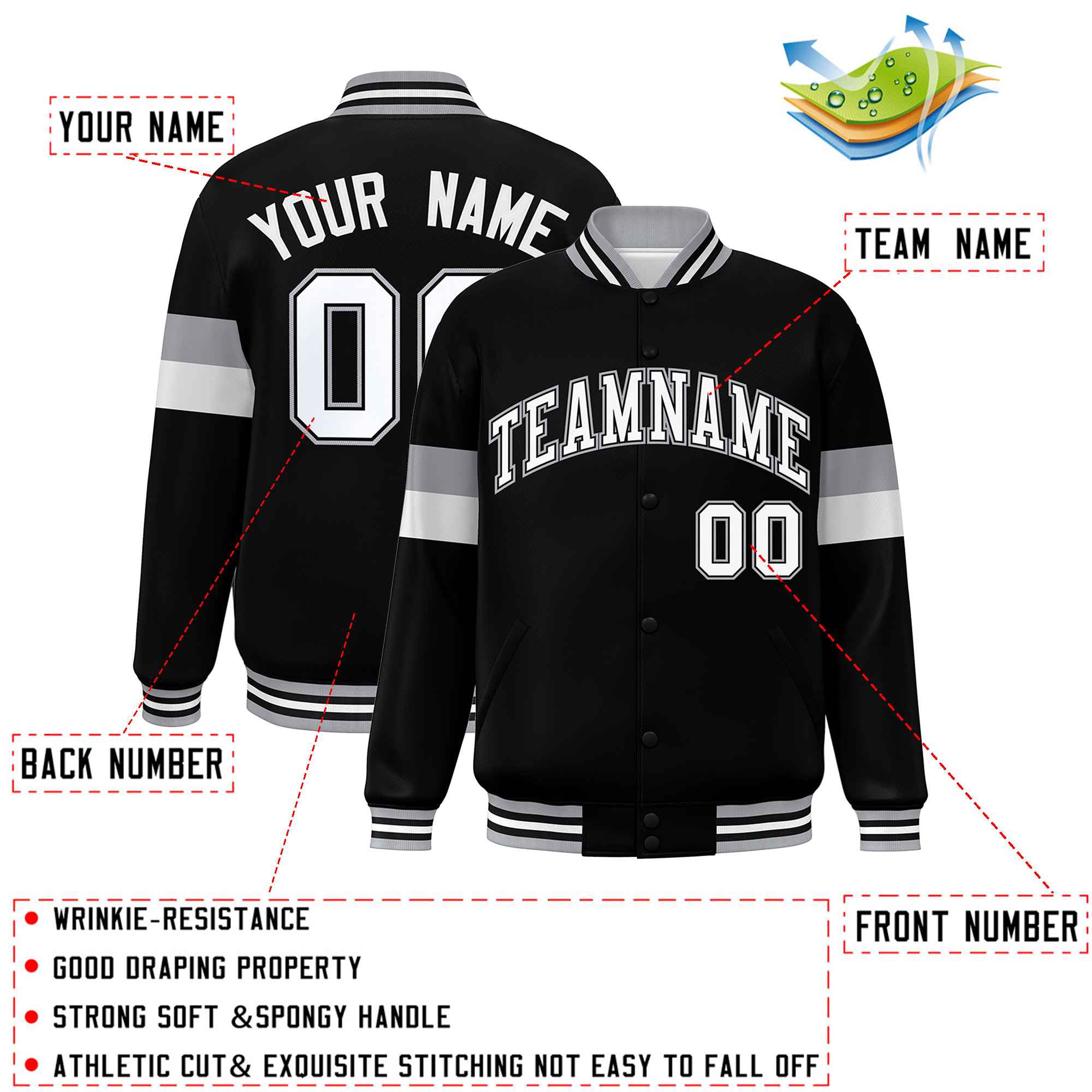 Custom Black White-Gray Color Block Bomber Varsity Full-Snap Baseball Jacket